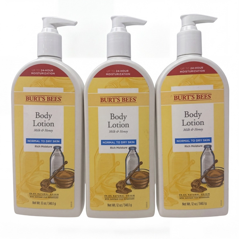 3 Burt's Bees Body Lotion Milk And Honey Normal to Dry Skin Rich Moisture 12 oz